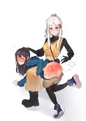 2girls absurdres all_fours ass ass_smack bent_over black_hair blush breasts closed_mouth commission english_text femdom highres humiliation ichijou_michiru large_breasts long_hair long_sleeves lying_on_lap mieruko-chan multiple_girls open_mouth over_the_knee panties panty_pull pixiv_commission pleated_skirt punishment ridu2 shirt skirt slapping spanked spanking tears thighhighs underwear yellow_eyes yotsuya_miko yuri
