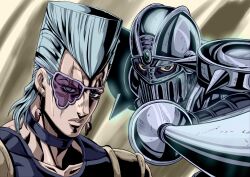 1boy 1other anime_coloring araki_hirohiko_(style) armor black_choker blue_eyes choker commentary_request earrings eyepatch flattop grey_hair heart heart_earrings highres ishimoto_shun&#039;ichi jean_pierre_polnareff jewelry jojo_no_kimyou_na_bouken male_focus official_style parted_lips rapier scar scar_across_eye scar_on_face shoulder_pads stand_(jojo) sword teeth vento_aureo weapon