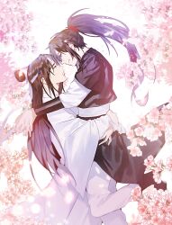 Rule 34 | 2boys, bishounen, black boots, black hair, black hanfu, boots, branch, carrying, carrying person, cherry blossoms, chinese clothes, closed mouth, couple, eye contact, face-to-face, falling petals, feet out of frame, flower, from side, hair tie, hanfu, headband, high ponytail, highres, hug, jujeop, lan wangji, long hair, long sleeves, looking at another, male focus, modao zushi, multiple boys, pants, parted lips, petals, pink flower, ponytail, profile, purple eyes, robe, sidelocks, smile, standing, topknot, very long hair, water drop, wei wuxian, white background, white hanfu, white headband, white pants, wide sleeves, xiao guan (headdress), yaoi