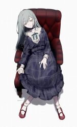 Rule 34 | 1girl, absurdres, armchair, artist name, bang dream!, bang dream! it&#039;s mygo!!!!!, black choker, black dress, chair, choker, collarbone, commentary, dress, frilled choker, frills, green hair, green ribbon, hair ornament, hairclip, highres, kumo tabetai, long hair, long sleeves, looking afar, parted lips, red shoes, ribbon, shoes, simple background, sitting, socks, solo, wakaba mutsumi, white background, white socks, yellow eyes
