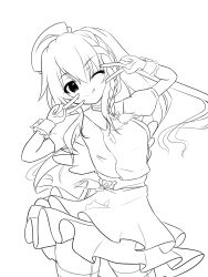 Rule 34 | 1girl, 9-nine-, ;q, absurdres, ahoge, braid, brooch, closed mouth, commentary request, cowboy shot, double v, dress, frilled dress, frilled wrist cuffs, frills, garter straps, hair between eyes, hands up, happy, hat, head tilt, heart, heart brooch, highres, jewelry, long hair, looking at viewer, monochrome, niimi sora, nurse, nurse cap, official alternate costume, one eye closed, puffy short sleeves, puffy sleeves, ryu9voice, short sleeves, side ponytail, sidelocks, simple background, single braid, sketch, smile, solo, split mouth, thighhighs, tongue, tongue out, v, v-shaped eyebrows, v over eye, white background, wrist cuffs, zettai ryouiki