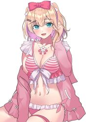 1girl absurdres aqua_eyes bikini blonde_hair bow breasts cleavage collarbone colored_inner_hair frilled_bikini frilled_bikini_top frills hair_bow hair_ornament hairpin highres jacket jewelry kurumi_noah kurumi_noah_(summer_c102) lower_teeth_only multicolored_hair nakano_kura navel necklace open_mouth parted_bangs pink_bikini pink_jacket pink_nails purple_hair single_off_shoulder striped_bikini striped_clothes swimsuit teeth thigh_strap thighs transparent_background two_side_up virtual_youtuber vspo!