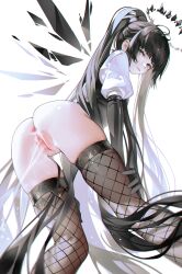 Rule 34 | 1girl, alternate hairstyle, anus, arknights, ass, black gloves, black hair, black halo, black thighhighs, black wings, blush, bottomless, censored, commentary request, detached wings, elbow gloves, energy wings, excessive pussy juice, fishnet thighhighs, fishnets, from behind, from below, gloves, grey eyes, halo, highres, iumu, long hair, looking at viewer, looking back, mixed-language commentary, mole, mole under eye, mosaic censoring, ponytail, puffy short sleeves, puffy sleeves, pussy, pussy juice, short sleeves, simple background, skindentation, solo, thick thighs, thighhighs, thighs, very long hair, virtuosa (arknights), white background, wings