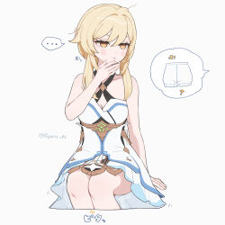 ... 1girl ? bare_shoulders blonde_hair bloomers breasts cleavage commentary_request dress eating food food_on_face genshin_impact highres lumine_(genshin_impact) no_detached_sleeves no_hair_ornament q_(oshikuraq) short_hair_with_long_locks solo spoken_ellipsis spoken_object translation_request twitter_username underwear white_dress yellow_eyes