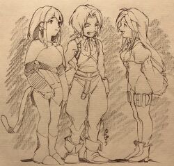 1boy 2girls bodysuit choker closed_mouth final_fantasy final_fantasy_ix full_body garnet_til_alexandros_xvii gloves greyscale highres long_hair long_sleeves low-tied_long_hair mikoto_(ff9) monochrome multiple_girls nanpou_(nanpou0021) open_mouth puffy_sleeves simple_background smile tail zidane_tribal
