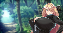 1girl absurdres black_eyes blonde_hair blurry blurry_background blush breasts cleavage closed_mouth covered_erect_nipples creatures_(company) cynthia_(pokemon) day female_focus forest fur_collar game_freak hair_over_one_eye highres huge_breasts kawahagitei light_blush long_hair looking_at_viewer nature nintendo outdoors pokemon pokemon_dppt serious solo standing sunlight tree upper_body