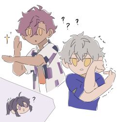 3boys :d ? blue_shirt casual chibi chibi_inset chibi_only collared_shirt cropped_torso crossed_bangs dark-skinned_male dark_skin double-parted_bangs ensemble_stars! failure gradient_clothes gradient_shirt grey_hair hair_between_eyes hair_intakes hands_up heart_hands_failure highres jitome kanzaki_souma looking_at_viewer male_focus messy_hair motion_lines motoyui multiple_boys ogami_koga open_clothes open_mouth open_shirt otogari_adonis parted_bangs ponytail purple_background purple_hair raised_eyebrow shirt shirt_under_shirt short_hair short_sleeves sidelocks simple_background smile sparkle trembling v-shaped_eyebrows white_background whiten_wolf yellow_eyes you&#039;re_doing_it_wrong