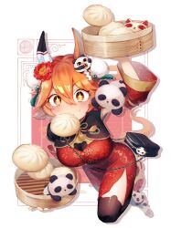 +_+ 1girl alternate_costume animal_ear_legwear animal_ears arm_up bag bamboo_steamer black_thighhighs braid breasts bun_cover china_dress chinese_clothes detached_sleeves double_bun dress flower food food_in_mouth hair_bun hair_flower hair_ornament highres horse_ears horse_girl horse_tail looking_at_viewer maneki-neko matikanefukukitaru_(umamusume) medium_breasts mouth_hold orange_hair panda red_dress sekiyu_inu shoes short_hair shoulder_bag side_slit solo steamed_bun sweatdrop tail tassel tassel_hair_ornament thighhighs umamusume v-shaped_eyebrows yellow_eyes