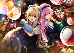 Rule 34 | 2girls, air (visual novel), artist request, back-to-back, balloon, black dress, blonde hair, blue eyes, commentary request, company connection, crossover, dress, gift, grey shirt, habit, highres, kamio misuzu, kamisama ni natta hi, key (company), multiple girls, nun, one eye closed, pink hair, ponytail, satou hina (kamisama ni natta hi), school uniform, shirt, short sleeves, sidelocks, veil, yuzuki (yuduame)