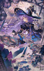 1girl absurdres black_dress black_hat commission dress english_text gears hat highres juliet_sleeves long_hair long_sleeves looking_afar original puffy_sleeves purple_hair solo watermark witch_hat yan_zi_yao_yu