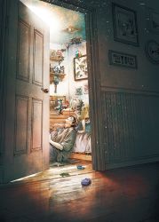 2boys brown_hair commentary door doorway figure highres indoors kobone_awaki light light_particles looking_at_another lying male_focus multiple_boys on_back on_floor original painting_(object) playing shelf shirt short_hair sitting slice_of_life t-shirt toy toy_airplane toy_car white_hair
