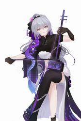 1girl :d absurdres akashin asymmetrical_gloves asymmetrical_legwear black_dress black_gloves black_legwear bronya_zaychik bronya_zaychik_(heart_of_the_night) bronya_zaychik_(silverwing:_n-ex) chibi chibi_inset china_dress chinese_clothes crossed_legs dress drill_hair dual_persona erhu full_body gloves grey_eyes grey_hair hair_between_eyes hair_ornament highres holding holding_instrument honkai_(series) honkai_impact_3rd instrument invisible_chair long_hair looking_at_viewer mismatched_gloves mismatched_legwear open_mouth simple_background sitting smile solo twin_drills white_background
