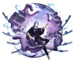 1boy absurdres air_(ai_r_) blue_eyes blue_hair colored_skin domain_expansion energy grin hair_ornament hair_scrunchie heterochromia highres holding_hands jujutsu_kaisen long_hair low-tied_long_hair mahito_(jujutsu_kaisen) male_focus pants purple_skin scrunchie shoes simple_background smile solo stitched_arm stitched_face stitched_neck stitches white_background white_shoes yellow_eyes
