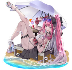 1girl akatsuki_hijiri baobhan_sith_(fate) baobhan_sith_(swimsuit_pretender)_(third_ascension)_(fate) beach beach_chair bikini blush breasts bridal_gauntlets eyewear_on_head fang fate/grand_order fate_(series) full_body grey_hair hair_ribbon hand_up heart heart-shaped_eyewear leg_up long_hair looking_at_viewer lying on_back pink_hair platform_heels pointy_ears ribbon sand side_ponytail sidelocks skin_fang smile solo sunglasses swimsuit water white_background white_bikini