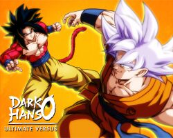 2boys absurdres artist_name black_hair blue_sash body_fur closed_mouth collarbone darkhans0 dougi dragon_ball dragon_ball_gt dragon_ball_super dual_persona highres in-franchise_crossover long_hair looking_at_another male_focus monkey_boy monkey_tail multiple_boys muscular muscular_male no_nipples pants pectorals red_fur saiyan sash smile son_goku spiked_hair super_saiyan super_saiyan_4 tail ultra_instinct watermark yellow_eyes yellow_pants