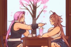 2girls ahoge blush borrowed_character breasts brown_hair cake cake_slice chair commentary crop_top cutoffs dahlia_(meisharan) denim denim_shorts fat feeding food hair_intakes hair_ornament heart heart_hair_ornament highres holding holding_spoon implied_yuri large_breasts lips long_hair multiple_girls nanaco_(meisharan) open_mouth original pink_hair plump ponytail poxislice shorts sitting spoon table teeth thick_arms tree upper_teeth_only very_long_hair