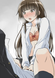 Rule 34 | 1girl, amagami, black legwear, blunt bangs, blush, bow, bow bra, bra, breath, brown eyes, brown hair, clothed sex, covered penetration, cowgirl position, female focus, girl on top, implied sex, kamizaki risa, lace, lace-trimmed bra, lace trim, lingerie, long hair, navel, open clothes, open mouth, open shirt, pink bra, school uniform, shirt, shouji nigou, sitting, sitting on person, skirt, solo, solo focus, steam, straddling, sweat, underwear, v arms, white shirt