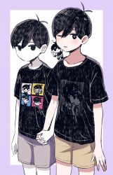2boys antenna_hair arm_at_side black_shirt blush border bright_pupils brown_shorts chibi_on_shoulder closed_mouth collarbone colored_skin commentary_request cowboy_shot double-parted_bangs dual_persona empty_eyes grey_shorts hair_behind_ear hair_between_eyes hatching_(texture) highres holding_hands interlocked_fingers looking_at_viewer male_focus merchandise multiple_boys no_pupils omori omori_(omori) one_eye_closed open_mouth outside_border purple_border shirt short_hair short_sleeves shorts simple_background something_(omori) standing sunny_(omori) t-shirt very_short_hair white_background white_pupils white_skin yutsu