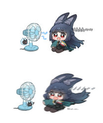1girl animal_ear_fluff animal_ears black_gloves black_hair black_necktie black_pantyhose black_shorts blown_away blunt_bangs blush chibi chibi_only commentary electric_fan fan_speaking fang fingerless_gloves fox_ears fox_girl full_body gloves green_jacket highres hoshimi_miyabi hue_oo jacket long_hair long_sleeves motion_blur necktie open_mouth pantyhose red_eyes shorts simple_background sitting skin_fang symbol-only_commentary twitter_username very_long_hair white_background zenless_zone_zero