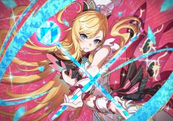 1girl aqua_eyes blonde_hair bow bow_skirt chef_hat cowlick diffraction_spikes dress escoffier_(genshin_impact) floating_hair frilled_dress frills genshin_impact gold_trim hair_between_eyes hashtag-only_commentary hat head_tilt highres holding holding_ladle honlo ice icicle ladle long_hair looking_at_viewer outstretched_crossed_arms parted_lips pink_background red_bow skirt solo toque_blanche very_long_hair white_dress wrist_cuffs