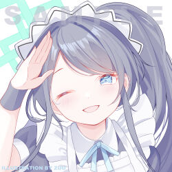Rule 34 | 1girl, ;d, apron, aqua halo, aris (blue archive), aris (maid) (blue archive), artist name, black dress, black hair, black wrist cuffs, blue archive, blue eyes, blue ribbon, blush, commentary, dress, eyelashes, frilled apron, frills, halo, hand up, happy, highres, long hair, looking at viewer, maid, maid apron, maid headdress, neck ribbon, official alternate costume, official alternate hairstyle, one eye closed, open mouth, parted bangs, portrait, rectangular halo, ribbon, salute, sample watermark, side ponytail, sidelocks, simple background, smile, solo, watermark, white apron, white background, wrist cuffs, zuu (qq770463651)