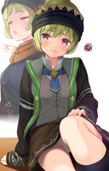 1girl :o :| alternate_costume arm_support averting_eyes basma_(romancing_saga_2) beanie black_jacket black_socks blue_necktie breasts brown_skirt character_request check_character closed_mouth collared_shirt commentary_request dot_nose furrowed_brow green_hair grey_vest hands_on_own_knees hat highres jacket kneehighs komone_ushio light_blush medium_breasts multiple_views necktie nomad_(female)_(romancing_saga_2) nomad_(romancing_saga_2) open_clothes open_jacket panties pantyshot partially_shaded_face purple_eyes romancing_saga_2 saga shirt short_hair shy sigh simple_background sitting skirt socks solo_focus squiggle sweatdrop translation_request underwear upskirt very_short_hair vest white_background white_panties