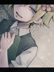 1boy 9xya10 basil_(faraway)_(omori) basil_(omori) blonde_hair blue_eyes book collared_shirt flower green_sweater_vest hair_flower hair_ornament holding holding_book letterboxed looking_at_viewer male_focus omori open_mouth scrapbook shirt short_hair short_sleeves smile solo sweater_vest upper_body white_shirt