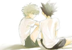 2boys arm_on_knee black_hair black_shorts blue_eyes closed_mouth gelb gon_freecss grey_hair highres hunter_x_hunter killua_zoldyck knee_up looking_down male_focus multiple_boys profile shirt short_hair short_sleeves shorts simple_background sitting sketch spiked_hair white_background white_shirt