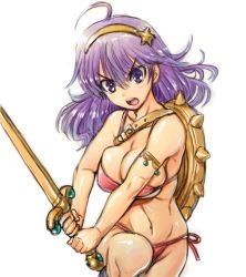 1girl amania_orz athena_(series) bikini breasts cleavage hairband incoming_attack large_breasts long_hair looking_at_viewer navel open_mouth princess_athena purple_hair red_bikini shield simple_background snk solo swimsuit sword toned weapon white_background