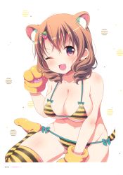 Rule 34 | &gt;;3, &gt;;d, 1girl, ;3, ;d, absurdres, animal ears, animal hands, aqua bow, bikini, blush, bow, breasts, brown hair, collarbone, female focus, food-themed hair ornament, gloves, hair ornament, hairclip, highres, kemonomimi mode, large breasts, march-bunny, maria (watashi no tomodachi ga sekaiichi kawaii), no shoes, one eye closed, open mouth, page number, paw gloves, paw pose, pink eyes, ringlets, scan, side-tie bikini bottom, skindentation, smile, solo, string bikini, striped bikini, striped clothes, striped thighhighs, swimsuit, tail, thighhighs, tiger ears, tiger paws, tiger stripes, tiger tail, v-shaped eyebrows, watashi no tomodachi ga sekaiichi kawaii, yellow thighhighs