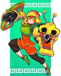 1girl 333_(dqqqdle) armor arms_(game) artist_name beanie blonde_hair blunt_bangs border bright_pupils capri_pants chakram_(arms) domino_mask dragon_(arms) fighting_stance frown full_body green_background green_eyes green_shoes hat highres leggings looking_at_viewer mask min_min_(arms) nintendo pants shoes shorts solo tennis_shoes white_border white_pupils zipper_pull_tab