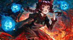 1girl animal_ears black_dress braid breasts bright_pupils cat_ears cat_girl commentary dress english_commentary fangs fire hitodama juliet_sleeves kaenbyou_rin long_hair long_sleeves looking_at_viewer open_mouth puffy_sleeves red_eyes red_hair red_nails side_braids skull solo touhou twin_braids white_pupils xiirus