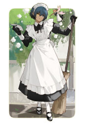 1boy 1girl alternate_costume apron black_gloves black_ribbon black_shoes blue_eyes blue_hair broom commentary crossdressing dark-skinned_male dark_skin english_commentary enmaided fairy fairy_wings gallica_(metaphor:_refantazio) gloves hair_between_eyes heterochromia holding holding_broom lirica long_sleeves looking_at_another maid maid_apron maid_headdress metaphor:_refantazio mini_person minigirl neck_ribbon open_mouth orange_hair pantyhose profile protagonist_(metaphor:_refantazio) ribbon shoes size_difference smile white_apron white_pantyhose wings yellow_eyes