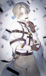 Rule 34 | 1boy, absurdres, blue eyes, covered mouth, hand on own elbow, hand up, highres, kirisaki shidou, looking to the side, milgram, mole, mole on cheek, onyang, solo, straitjacket, tag