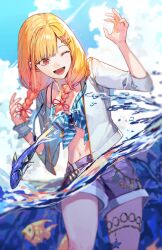 1girl ;d absurdres aqua_bikini bikini bikini_top_only blonde_hair bow bow_bikini braid breasts carol0905 cleavage collarbone commentary fish gradient_hair grey_shorts hair_ornament hair_ribbon hands_up highres jacket jewelry kitto_saikou_no_summer!_(project_sekai) light_blush long_hair low_twin_braids medium_breasts midriff multicolored_hair navel official_alternate_costume official_alternate_hairstyle one_eye_closed open_mouth parted_bangs pink_eyes pink_hair project_sekai red_ribbon ribbon scrunchie shorts sidelocks smile solo splashing star_(symbol) star_hair_ornament striped_bikini striped_clothes swimsuit tenma_saki thighlet three-quarter_sleeves twin_braids vertical-striped_bikini vertical-striped_clothes wading white_bikini white_jacket wrist_scrunchie