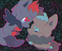 Rule 34 | alternate color, blue eyes, closed eyes, closed mouth, commentary request, gacho (220 vvv), gen 5 pokemon, nintendo, no humans, pokemon, pokemon (creature), pokemon focus, shiny and normal, shiny pokemon, smile, twitter username, zorua