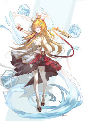 1girl absurdres ahoge apron blonde_hair blue_eyes chef chef_hat commentary cryokinesis escoffier_(genshin_impact) floating_hair full_body genshin_impact hair_ornament hand_on_own_hip hat highres ice ice_cube long_hair looking_at_viewer mechanical_tail outstretched_arm parted_lips shirix shoes signature smile solo symbol-only_commentary tail thighhighs white_apron white_hat white_thighhighs wrist_cuffs x_hair_ornament