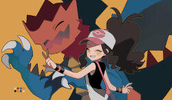 950magi618 bag baseball_cap black_jacket blush brown_hair claws closed_eyes color_guide commentary_request dragon druddigon eyelashes gen_5_pokemon handbag hat highres hilda_(pokemon) jacket long_hair nintendo open_clothes open_jacket open_mouth pink_bag poke_ball_print pokemon pokemon_(creature) pokemon_bw ponytail shirt sidelocks simple_background sleeveless sleeveless_jacket sleeveless_shirt smile white_hat white_shirt wristband yellow_background
