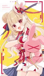&gt;_&lt; 1girl :d commentary_request epaulettes fang gloves hair_bun happy_birthday hat highres hugging_object index_finger_raised jacket looking_at_viewer mini_hat mini_top_hat natori_sana natori_sana_(parade) open_mouth puffy_short_sleeves puffy_sleeves red_eyes rino_cnc sana_channel short_sleeves shorts single_side_bun smile solo stuffed_animal stuffed_rabbit stuffed_toy tilted_headwear top_hat virtual_youtuber white_gloves white_hat white_jacket white_shorts