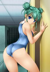 00s 1girl alice_carroll alternate_hairstyle aria_(manga) ashita_yaru ass blue_eyes double_bun female_focus green_hair hair_bun solo swimsuit thighs