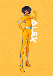 1girl absurdres alex_(totally_spies) andorudw black_hair bodysuit character_name clenched_hand commentary english_commentary freckles full_body hand_on_own_hip high_heels highres looking_at_viewer open_mouth short_hair solo totally_spies whoop_catsuit yellow_background yellow_bodysuit