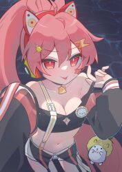 absurdres animal_ear_headphones animal_ears badge breasts button_badge cat_ear_headphones choker cleavage cleavage_cutout clothing_cutout clothing_request collarbone detached_sleeves fake_animal_ears hair_ornament headphones highres lemon_kuma_(maimai) lightning_bolt lightning_bolt_hair_ornament lightning_bolt_symbol maimai_(game) marble_(stone) marble_floor navel otohime_(maimai) pink_hair red_eyes star_on_cheek strap_pull suspenders tongue tongue_out turtle_hair_ornament u0