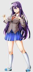 1girl absurdres blazer breasts buttoned_cuffs buttoned_sleeves buttons collared_shirt doki_doki_literature_club eremiya_(loleremiya) fingernails hair_ornament hairclip hand_on_own_chest highres jacket kneecaps knees large_breasts lips long_hair looking_at_viewer parted_lips pleated_skirt purple_eyes purple_hair ribbon school_uniform shirt shoes simple_background skirt sweater teeth thighhighs very_long_hair yuri_(doki_doki_literature_club) zettai_ryouiki