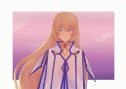Rule 34 | blonde hair, blue eyes, border, cloud, colette brunel, dress, floating hair, gold choker, highres, jacket, light blush, long hair, looking at viewer, mero17npa22, sky, smile, standing, sunset, tales of (series), tales of symphonia, white border, white dress, white jacket
