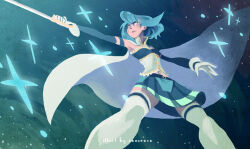 Rule 34 | 1girl, artist name, blue hair, blue skirt, cape, commentary, detached sleeves, english commentary, fortissimo, gloves, hair ornament, holding, holding sword, holding weapon, magical girl, mahou shoujo madoka magica, miki sayaka, miki sayaka (magical girl), musical note, musical note hair ornament, renareve, short hair, skirt, solo, soul gem, sparkle, standing, sword, thighhighs, weapon, white cape, white gloves, white thighhighs