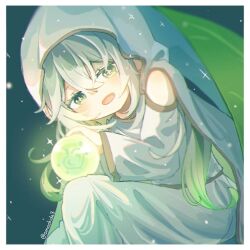 1girl :d artist_name blush border clothing_cutout commentary_request cross-shaped_pupils crossed_bangs eyelashes genshin_impact gold_trim gradient_hair green_eyes green_hair hair_between_eyes hand_up hood hood_up long_hair long_sleeves looking_at_viewer mochida multicolored_hair nahida_(genshin_impact) open_mouth orb robe shoulder_cutout sidelocks smile solo sparkle symbol-shaped_pupils twitter_username white_border white_hair white_hood white_robe wide_sleeves