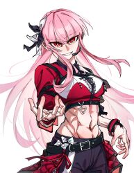 1girl abs alternate_muscle_size belt black_bow black_pants bow bright_pupils center_frills crop_top frills highres hololive hololive_english hololive_idol_uniform_(color_rise) looking_at_viewer microphone mori_calliope navel official_alternate_costume pants pink_hair red_eyes red_overskirt red_shirt sanni1416029 shirt toned toned_female virtual_youtuber white_bow white_pupils