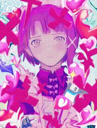 1girl abstract alternate_costume apron asymmetrical_hair bow brown_hair closed_mouth collared_shirt colorful enmaided hair_bow hair_ornament hairclip heart highres holding iwakura_lain jacket karasumaichiu long_sleeves looking_at_viewer maid maid_apron maid_headdress mary_janes on_chair pink_bow pink_shirt ribbon serial_experiments_lain shirt shoes short_hair single_sidelock smile socks solo twintails upper_body white_socks x_hair_ornament