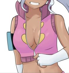 Rule 34 | 1girl, arm behind back, bakugan, bakugan battle brawlers, breasts, cleavage, dark-skinned female, dark skin, fingerless gloves, gloves, grey hair, grin, head out of frame, julie heyward, large breasts, long hair, midriff, navel, no bra, ponytail, shorts, smile, solo, teasing, teeth, unzipped, unzipping