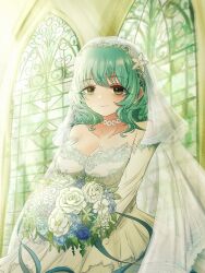 Rule 34 | 1girl, bags under eyes, blue flower, blue ribbon, blush, bouquet, breasts, bridal veil, bride, choker, church, cleavage, closed mouth, collarbone, cowboy shot, curly hair, dress, flower, green eyes, green hair, hair between eyes, highres, holding, holding bouquet, kimi no koto ga dai dai dai dai daisuki na 100-nin no kanojo, kusanochika, lace, lace-trimmed dress, lace-trimmed veil, lace choker, lace trim, large breasts, layered dress, light rays, long sleeves, looking at viewer, medium hair, nemui nemu, off-shoulder dress, off shoulder, ribbon, rose, smile, solo, stained glass, veil, wedding dress, white choker, white dress, white flower, white rose
